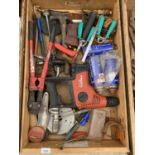 A WOODEN BOX CONTAINING A DRILL, SNIPS, HAMMER, SCREW DRIVERS ETC