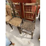 TWO OAK DINING CHAIRS WITH WOVEN SEATS