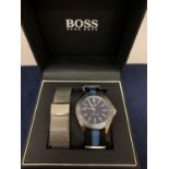 GENTS HUGO BOSS STAINLESS STEEL QUARTZ WRIST WATCH WITH BLUE DIAL. STAINLESS STEEL & NYLON