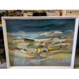 A LARGE FRAMED ABSTRACT PAINTING SIGNED THOUGHT TO BE OF NORTHUMBERLAND