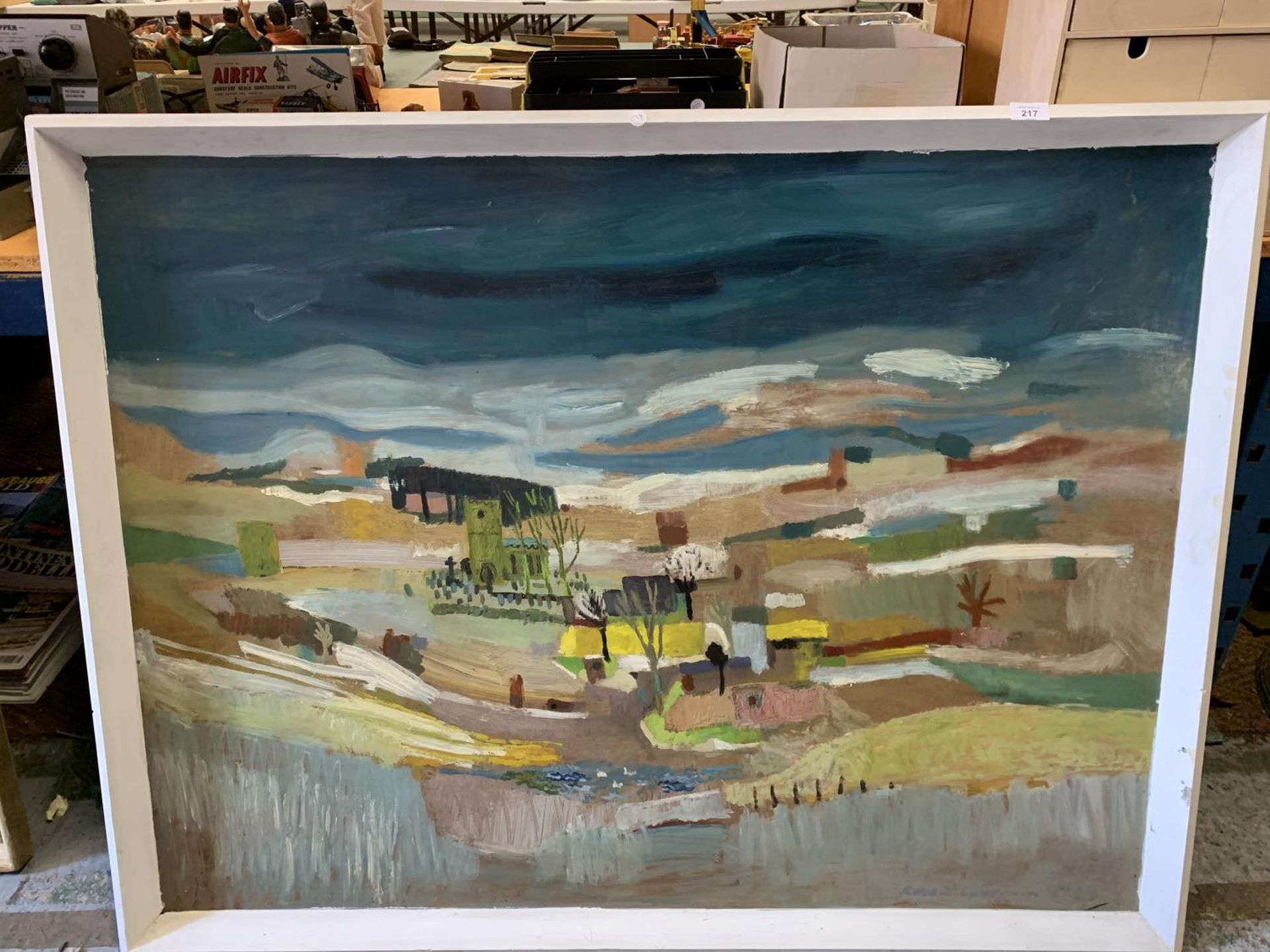 A LARGE FRAMED ABSTRACT PAINTING SIGNED THOUGHT TO BE OF NORTHUMBERLAND