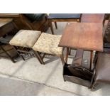 A MAHOGANY STOOL, AN OAK STOOL, AN OAK MAGAZINE RACK AND A MAHOGANY SIDE TABLE