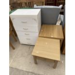 TWO OAK COFFEE TABLES AND A WHITE CHEST OF FIVE DRAWERS