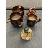 FIVE ITEMS TO INCLUDE TWO JUGS, A DOULTON FIGURE ETC