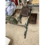 VARIOUS HARDWARE - A JERRY CAN, CHAINSAW, RAKE, WICKER BASKET, TWO STOOLS, A STEEL FIRE SURROUND ETC