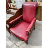 A MAHOGANY AND STUDDED RED LEATHER PARLOUR ARMCHAIR