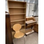 A BEECH CHAIR, BEECH EFFECT BOOKCASE AND COMPUTER DESK