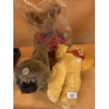 THREE OLD TEDDIES TO INCLUDE A DOG AND AN AS NEW IN AN UNOPENED BAG KANGAROO