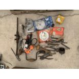 VARIOUS TOOLS TO INCLUDE PLIERS, SAW BLADES, PINCERS ETC