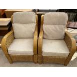 TWO OAK AND WOVEN CONSERVATORY ARMCHAIRS