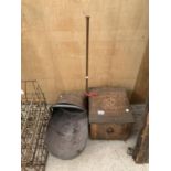 A VINTAGE LOG BOX, HUNTING HORN AND A COAL SCUTTLE