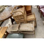 THREE WICKER TABLES AND A CHEST OF FIVE BASKET DRAWERS