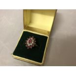 A 9 CARAT GOLD RING WITH CENTRE RED STONE, EIGHT SURROUNDING DIAMONDS AND A FURTHER TWELVE RED