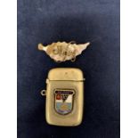 SILVER PLATED VESTA CASE WITH BELFAST ENAMEL EMBLEM AND A 'MARY' YELLOW METAL WIRE BROOCH
