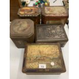 FIVE ORIGINAL VINTAGE DECORATIVE TINS