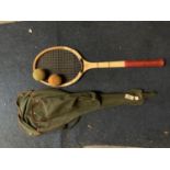 A VINTAGE SLAZENGER DEMON TENNIS RACKET IN CASE WITH BALLS