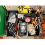 A BOX OF TOOLS TO INCLUDE LIGHTS, SOCKETS, COMPRESSOR ETC
