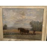 A LARGE FRAMED PAINTING OF HORSES PLOUGHING