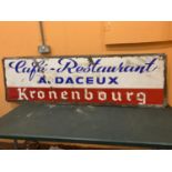A VINTAGE ENAMEL FRENCH RESTAURANT SIGN 'CAFE RESTAURANT A. DACEUX KRONENBOURG' 200CM X 60CM