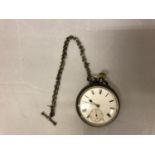 A HALLMARKED BIRMINGHAM SILVER OPEN FACE POCKET WATCH AND 925 SILVER CHAIN AND T BAR