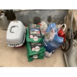 A QUANTITY OF PET FOOD AND LITTER TOGETHER WITH A PET CARRIER