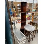 A WICKER TABLE, A BENT WOOD STOOL AND A MAHOGANY CORNER CABINET