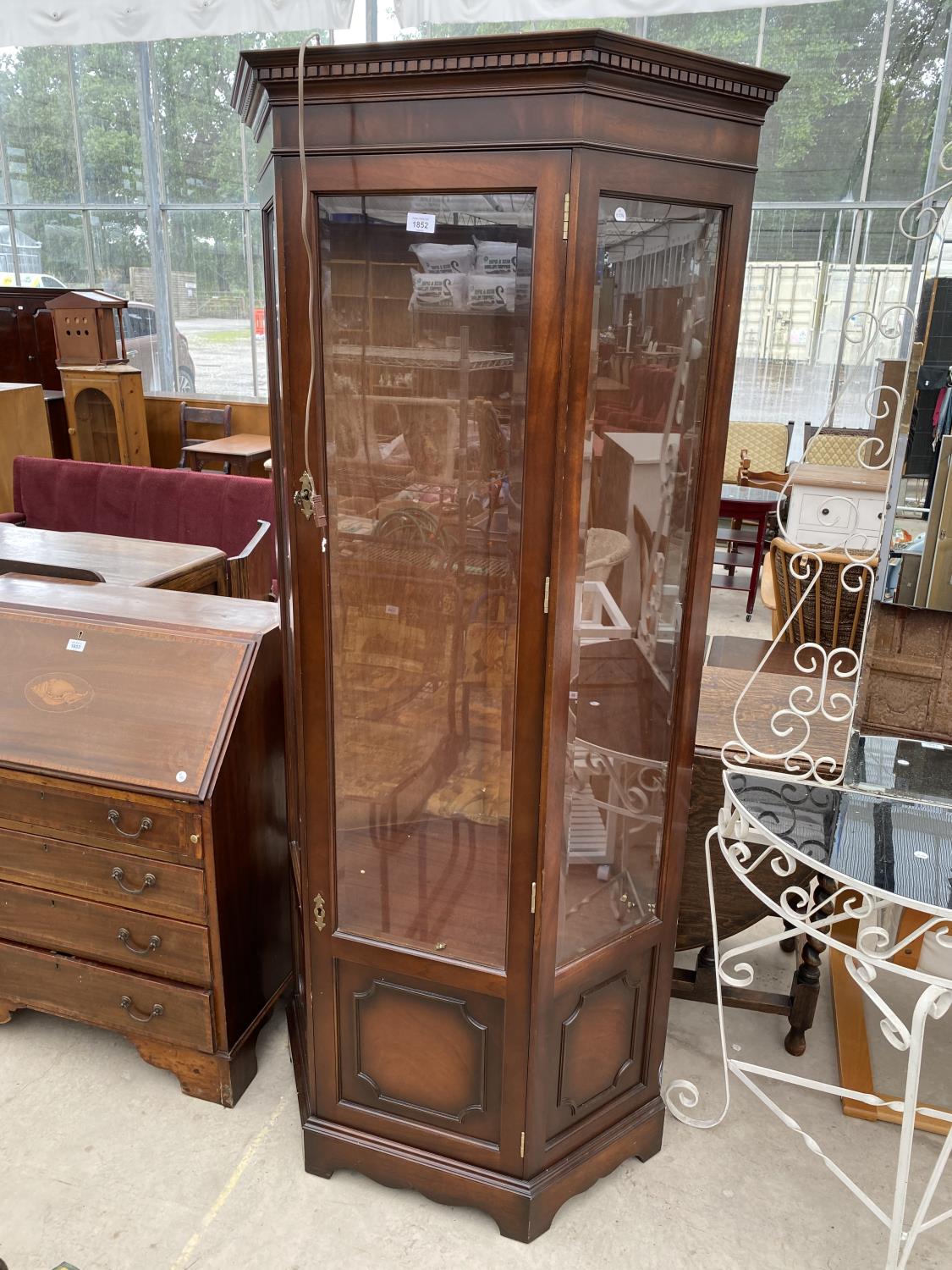 A TALL MAHOGANY CABINET WITH SINGLE DOOR