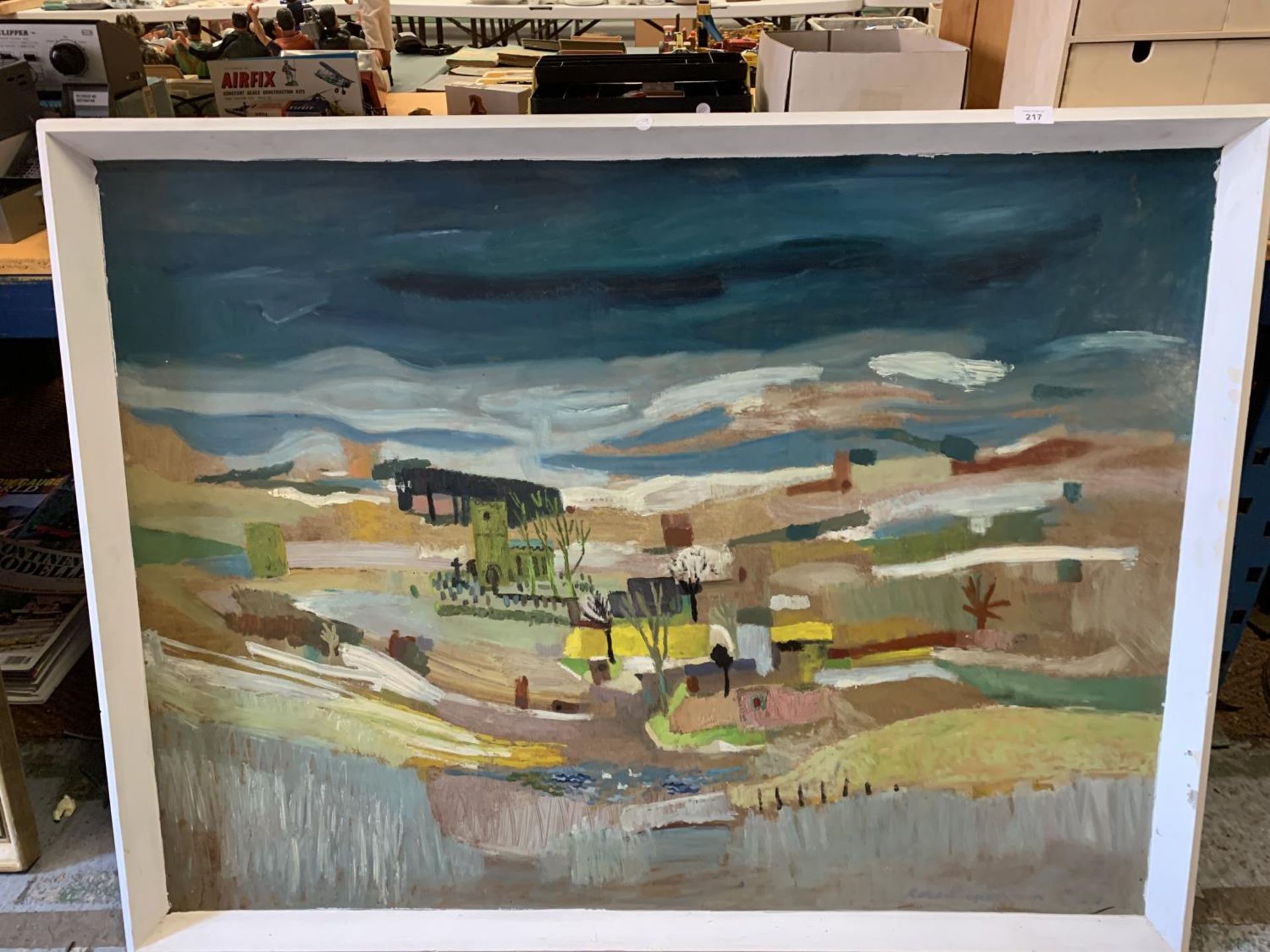 A LARGE FRAMED ABSTRACT PAINTING SIGNED THOUGHT TO BE OF NORTHUMBERLAND - Image 2 of 4