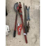 A LARGE PIPE BENDER, BASIN WRENCH ETC