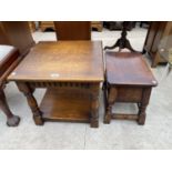 A SQUARE OAK SIDE TABLE WITH LOWER SHELF AND AN OAK STOOL WITH HINGED TOP