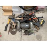 VARIOUS TOOLS TO INCLUDE A BENCH GRINDER, SPANNERS, AXE, GREASE GUN ETC