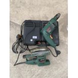 TWO BOSCH TOOLS - A DRILL AND A SANDER WITH DRILL BITS, IN W0RKING ORDER