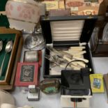 VARIOUS VINTAGE ITEMS TO INLCUDE CASED EPNS, BOXED FALCON SHARPENER, COW BELL, DESK CALENDAR ETC