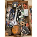 A WOODEN BOX CONTAINING GREASE GUN, CUTTING DISCS, DRILLS ETC