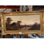 A GILT FRAMED OIL ON CANVAS OF A COUNTY SCENE SIGNED F HINES
