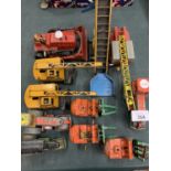 VARIOUS VINTAGE TOYS TO INCLUDE STEAM ROLLERS, CRANES, FORK LIFTS ETC