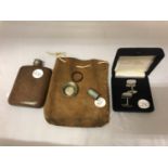 A HIP FLASK AND POUCH, 800 SILVER CUFFLINKS. .43 BULLET CASE, ONE PENNY RING AND 1920 HALF CROWN