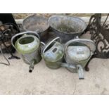FIVE VINTAGE GALVANISED ITEMS - THREE WATERING CANS AND TWO BUCKETS