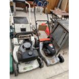 TWO MOWERS - A FLYMO PETROL MOWER - ENGINE RUNS WELL IN GEAR NO NEUTRAL ONE WHEEL DETACHED AND A