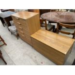 A RETRO TEAK EFFECT CHEST OF DRAWERS AND BLANKET CHEST