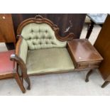 A MAHOGANY TELEPHONE SEAT WITH CARVED DECORATION