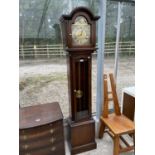A REPRODUCTION OAK THREE WEIGHT LONG CASE CLOCK WITH GLASS DOOR
