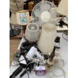 VARIOUS ELECTRICAL ITEMS TO INCLUDE LAMPS, HAIRDRYER, CLOCK, FAN ETC