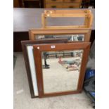 THREE WOODEN FRAMED MIRRORS AND TWO SHELVING UNITS