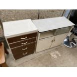 A 1950'S KITCHEN SIDEBOARD AND SIMILAR FOUR DRAWER CHEST OF DRAWERS