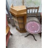 AN OAK CORNER CABINET, MAHOGANY WINE TABLE AND AN OAK CHILD'S CHAIR