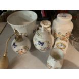 SEVEN ITEMS OF AYNSLEY POTTERY TO INCLUDE CLOCK, LIDDED JARS, FLOWER POT ETC