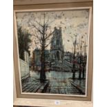 A FRAMED OIL ON CANVAS CITY SCENE