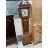 A CROSSBANDED OAK 30 HOUR LONG CASE CLOCK WITH FLORAL DECORATED DIAL