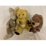 THREE VINTAGE SOFT TOYS, A RABBIT, BEAR AND A LION